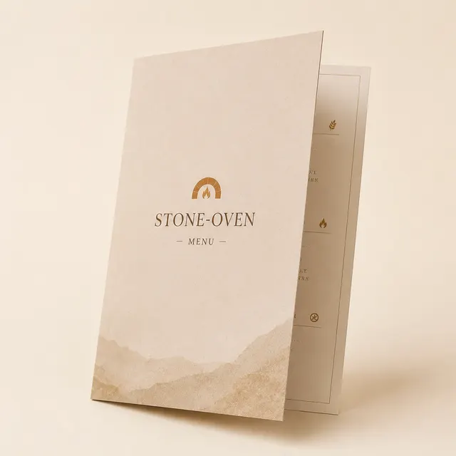 A printed menu booklet of items cooked on a stone oven