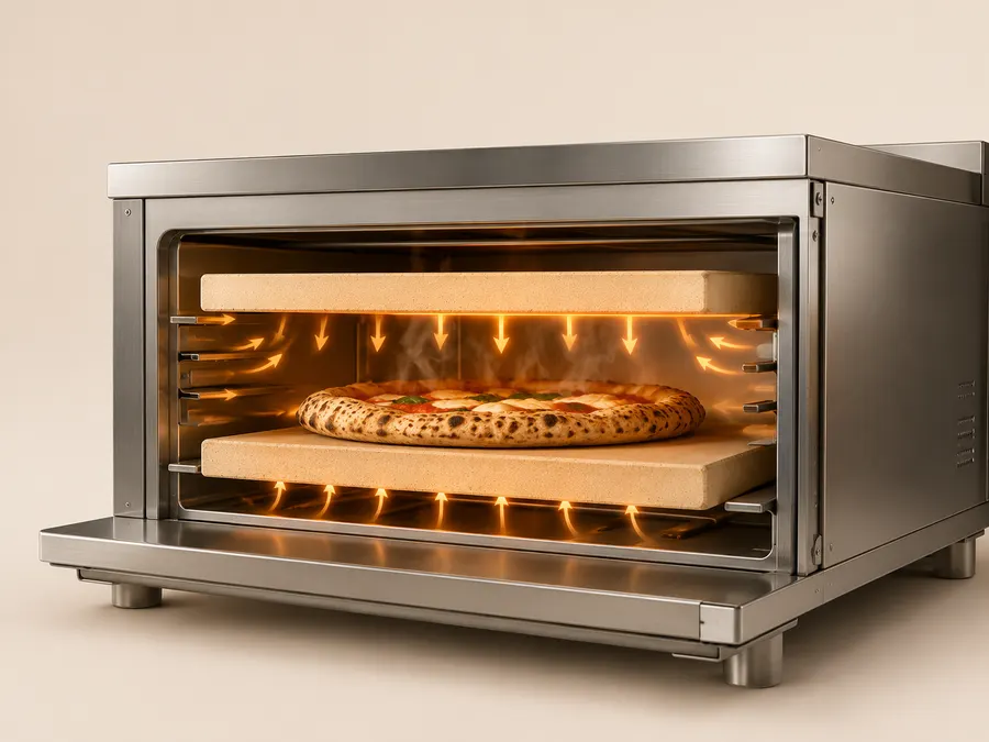 Cutaway side view of a commercial oven: one stone on the bottom rack as the cooking floor with a pizza on it, and a second stone on the rack directly above acting as a ceiling, with arrows showing heat redirected down onto the food