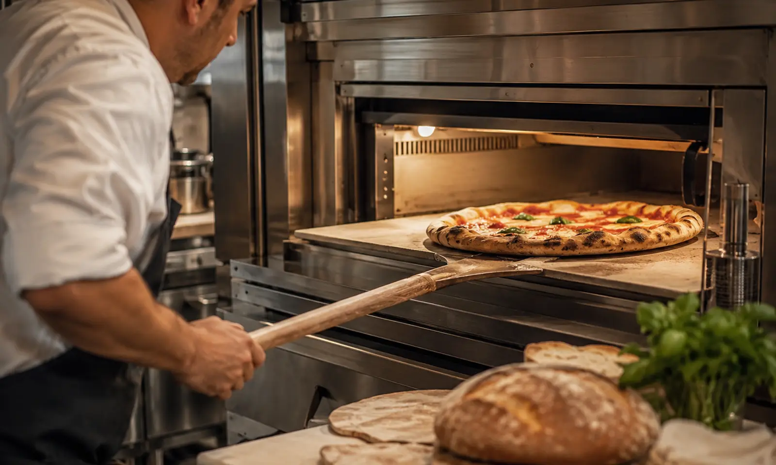A cook slides a pizza onto a baking stone inside a standard stainless commercial oven, with baked bread and flatbread on the counter
