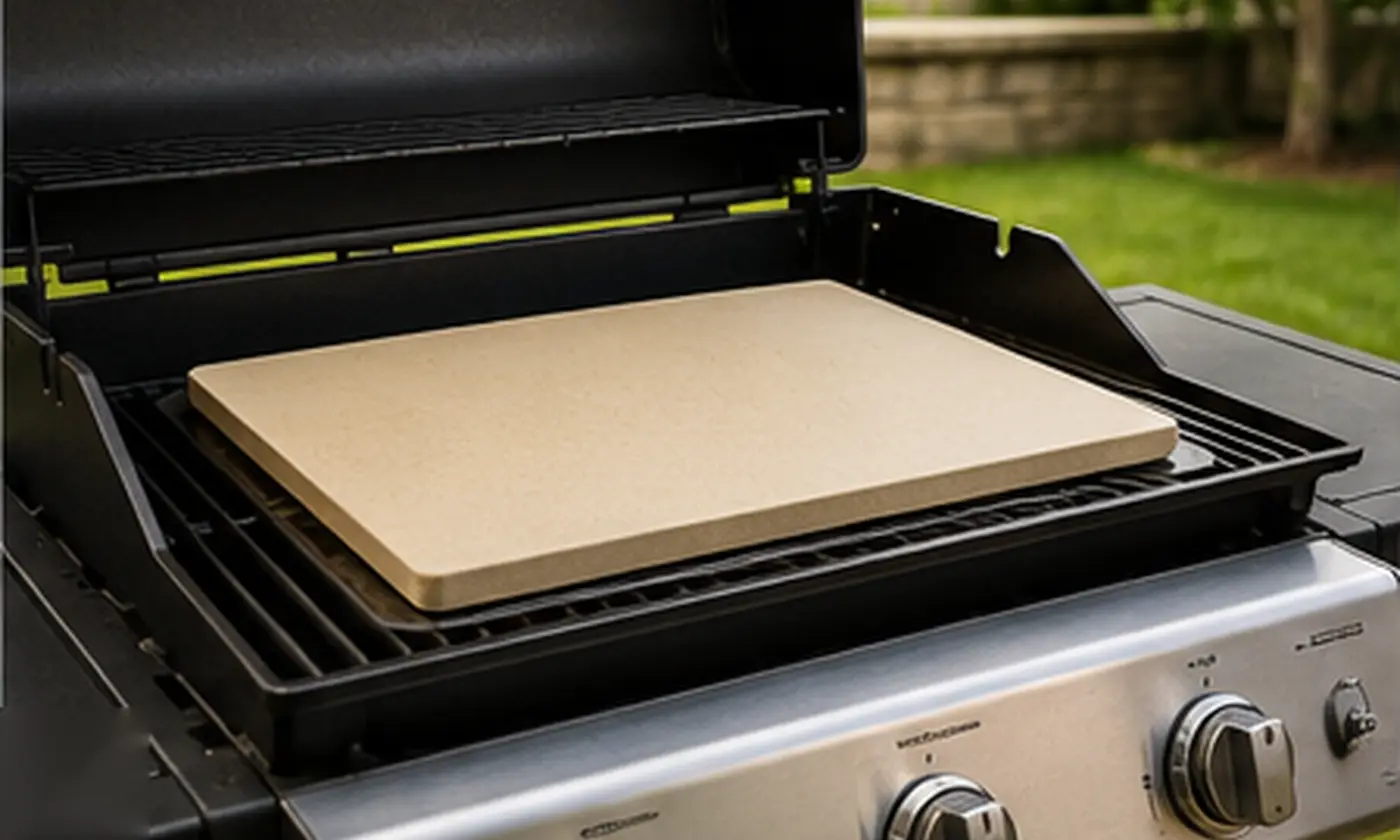 A baking stone set on a metal plate over a barbecue grate, lid open