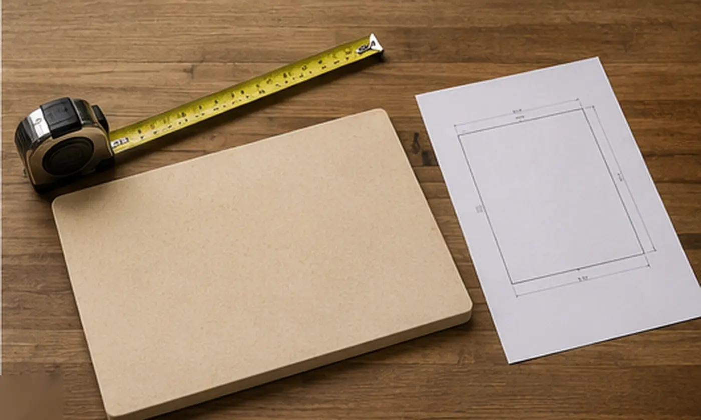A rectangular baking stone beside a tape measure and a marked cutting template