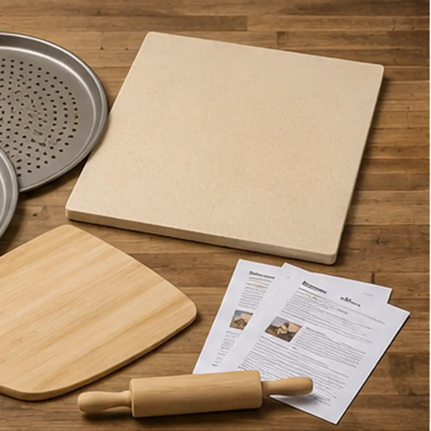 A residential baking stone laid out with perforated pizza pans, a wooden peel, a rolling pin, and printed instructions